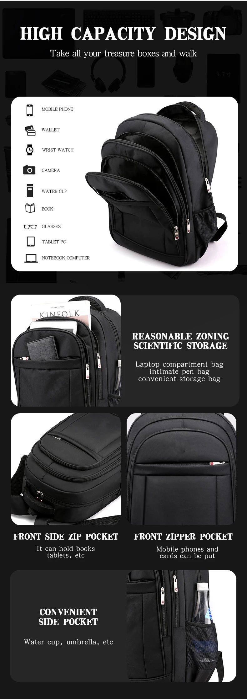 Large Capacity Travel Backpack, Waterproof Business Laptop Backpack, Multi‑Compartment Custom Logo Backpack for Wholesale